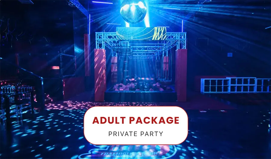 A dimly lit party venue with colorful lights and a disco ball, featuring an empty dance floor. Text on the image reads: 