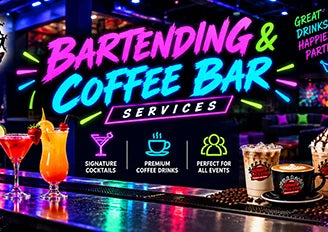 Neon bartending and coffee bar services sign featuring cocktails premium coffee drinks and a colorful beverage counter for events