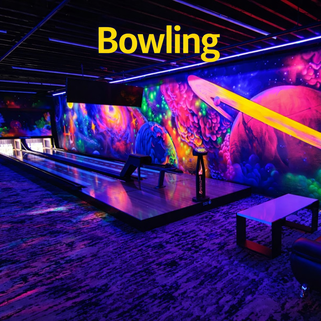 A neon-lit bowling alley with cosmic-themed wall art, glowing lanes, and the word "Bowling" in bold yellow letters at the top of the image.