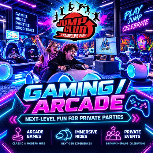 Colorful Jump Club gaming arcade poster with arcade rides and cheering players plus text promoting immersive rides private events and next level fun for private parties