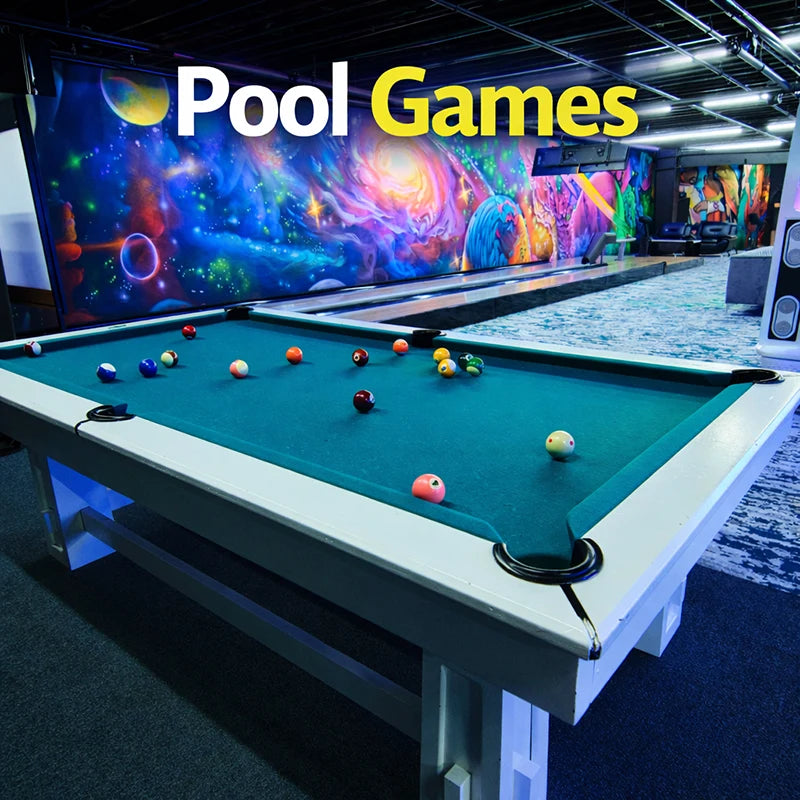 A pool table with balls set up in a colorful, cosmic-themed game room. "Pool Games" is written in bold white and yellow text above the table. The walls feature vibrant space and galaxy artwork.