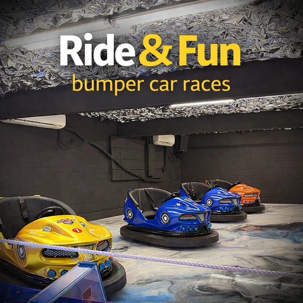 Four colorful bumper cars (yellow, blue, and orange) are parked indoors under a patterned ceiling, with the text "Ride & Fun bumper car races" displayed above them.