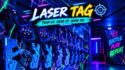 Neon-lit laser tag arena with rows of laser tag blasters, glowing targets, and colorful signs reading Laser Tag and Battle Play Repeat