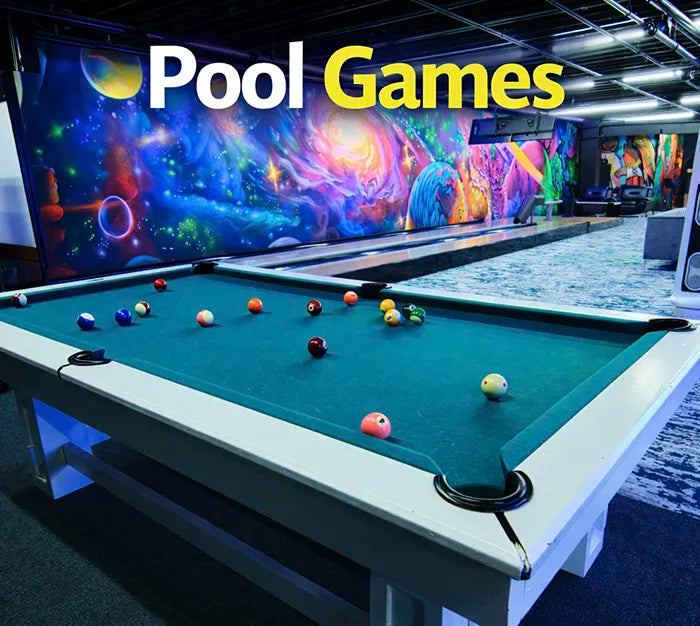 A brightly lit game room with a pool table in the foreground, colorful balls scattered on the table, and a vibrant space-themed mural on the wall. Large text reads "Pool Games" at the top.