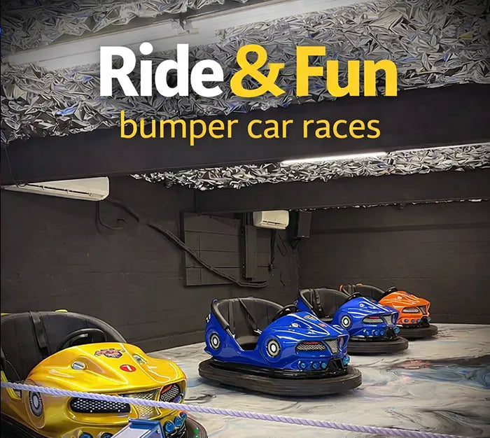Bumper cars in yellow, blue, and orange sit on an indoor track under a metallic-patterned ceiling. Large yellow and white text above reads: "Ride & Fun bumper car races.