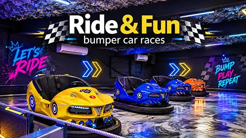Indoor bumper car arena with colorful yellow and blue cars, neon lighting, checkered flags, and a Ride and Fun bumper car races sign