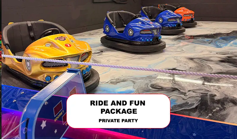 Four colorful bumper cars—yellow, blue, and orange—are parked on a glossy, marbled floor. A rope barrier and a sign reading “Ride and Fun Package, Private Party” are in the foreground.