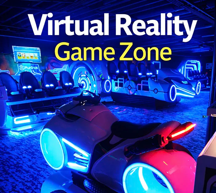 A neon-lit virtual reality game zone with futuristic motorcycle and car arcade machines, glowing blue lights, and bold text reading "Virtual Reality Game Zone" at the top of the image.